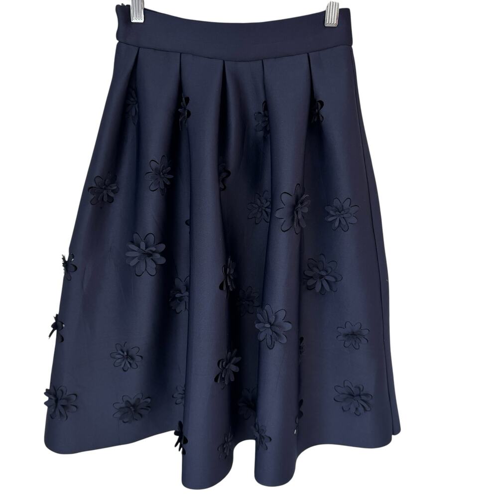 CHICWISH  Navy Blue Falling Flowers Pleated Skirt Womens XS Midi 3D Cut Out